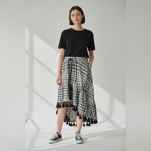 Z&L Europe Gingham black and white plaid hi-low peasant skirt with tassels